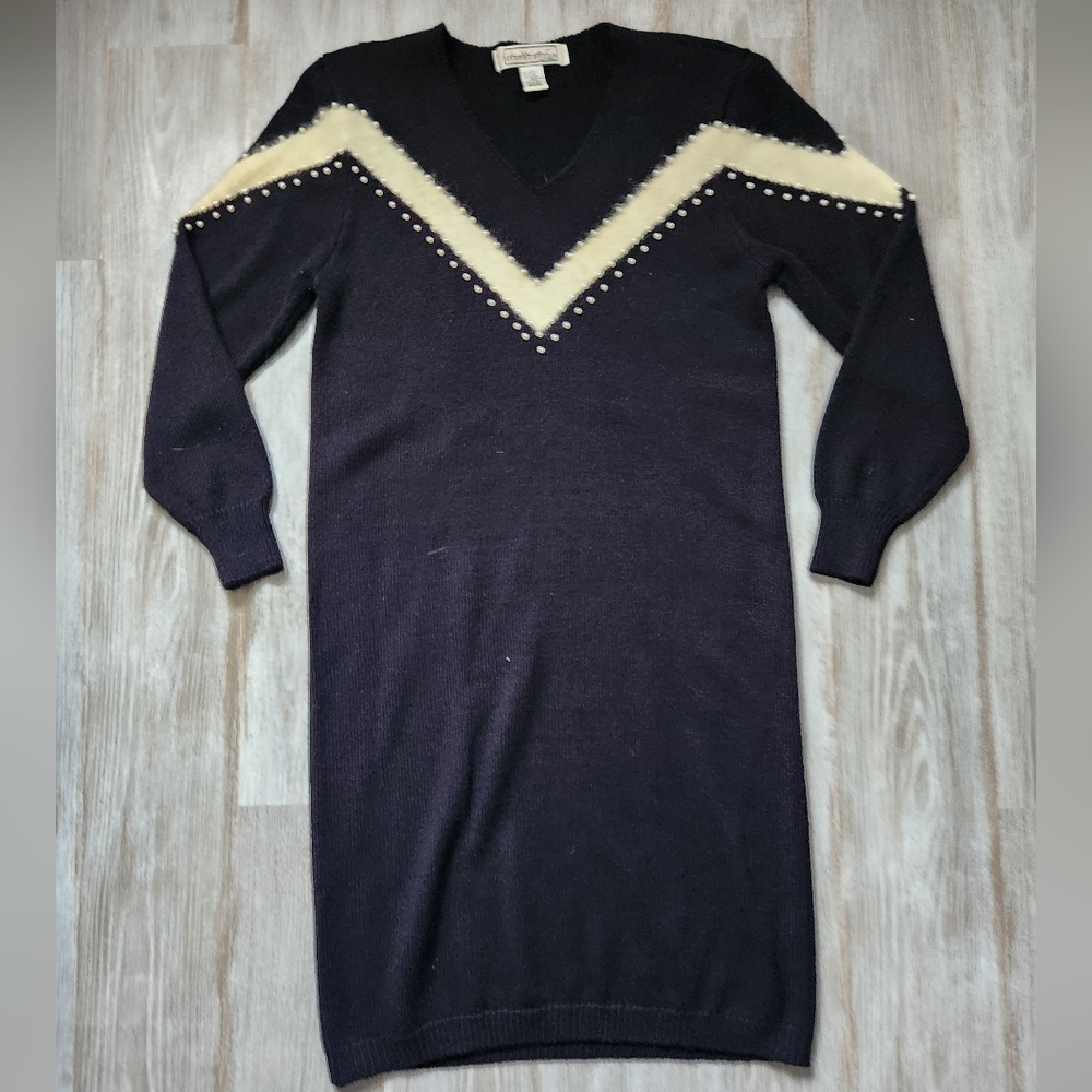VTG Stone Canyon Sweater Dress Black Ivory Stripe Pearls Knit Midi Sz L